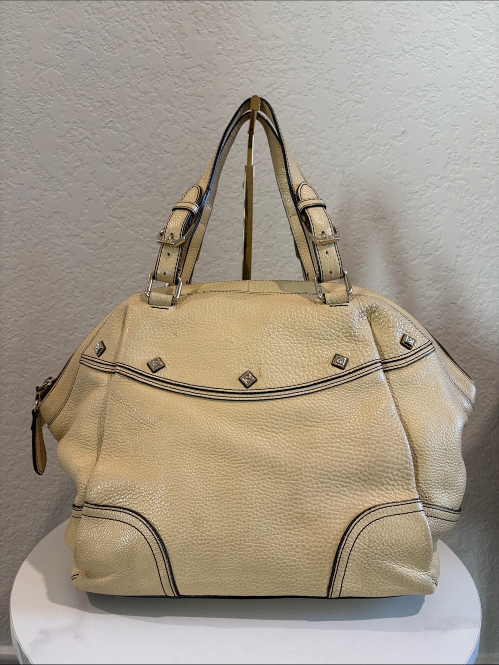 MCM Cream Stud Accent Leather Tote Bag Made in Korea